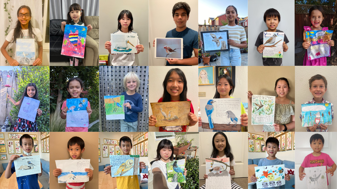 Collage of photos of children holding up their artwork