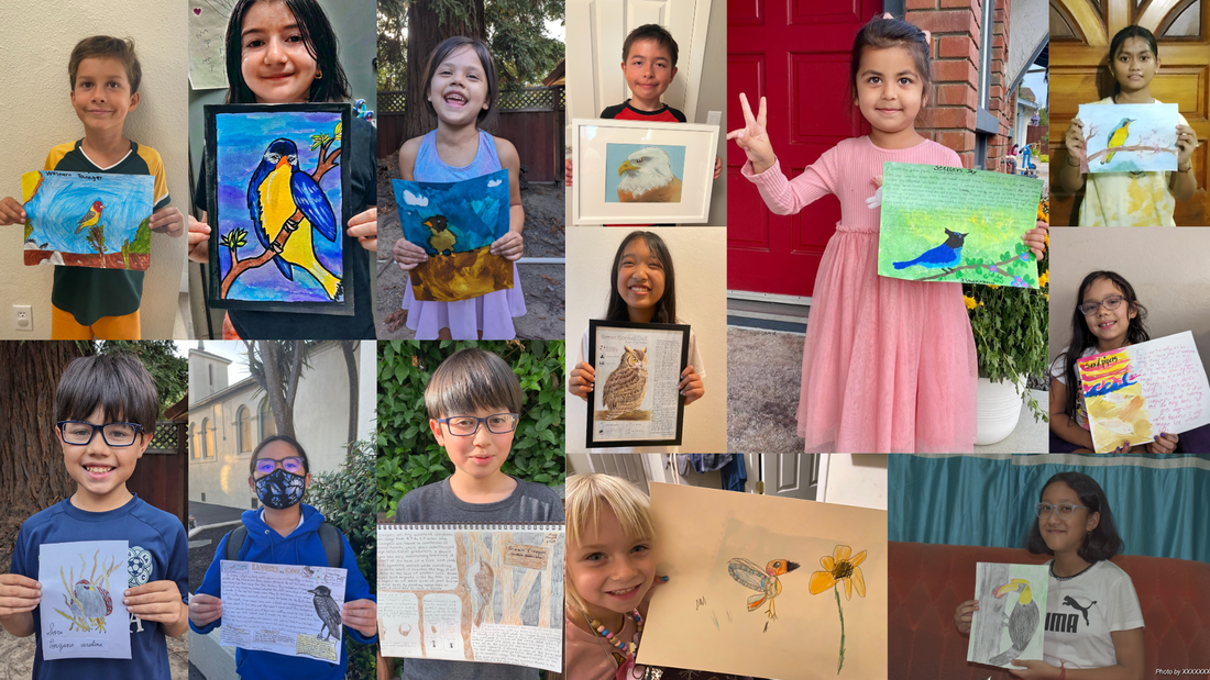 Collage of 13 photos of kids holding up their artwork