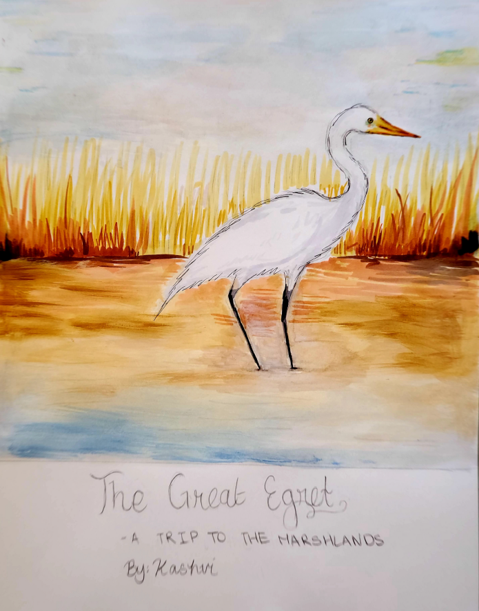 Painting of a Great Egret in a marsh.